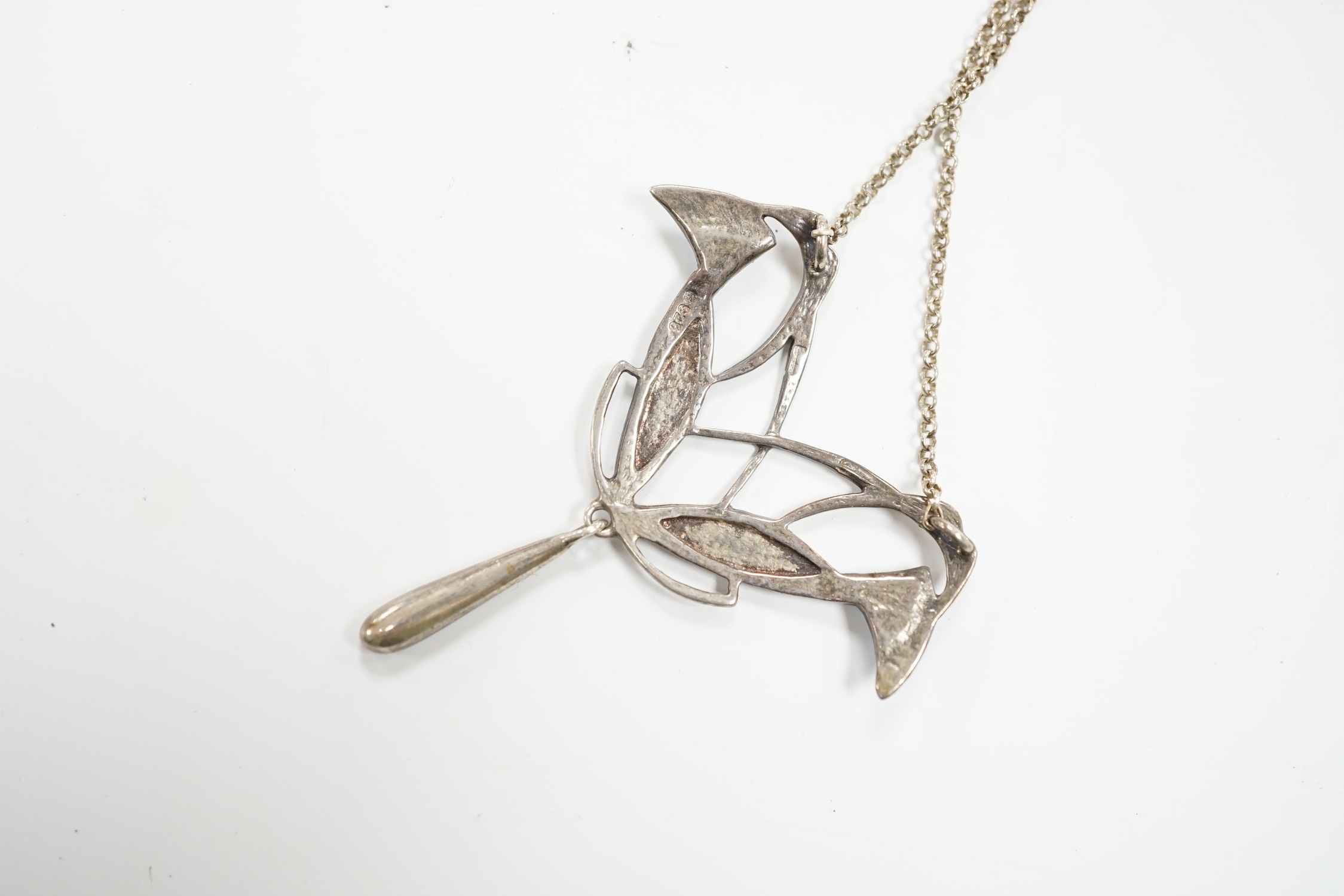 A modern Art Nouveau style 925 white metal and two colour enamel set drop pendant necklace, 48cm
